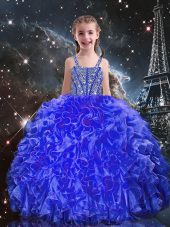 Royal Blue Organza Lace Up Girls Pageant Dresses Sleeveless Floor Length Beading and Ruffles