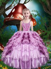 Custom Designed Straps Sleeveless Organza Little Girls Pageant Gowns Beading and Ruffles and Ruffled Layers Lace Up