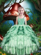 Lovely Apple Green Ball Gowns Beading and Ruffles and Ruffled Layers Little Girls Pageant Gowns Lace Up Organza Sleeveless Floor Length