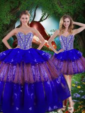 Modest Floor Length Lace Up Ball Gown Prom Dress Multi-color for Military Ball and Sweet 16 and Quinceanera with Beading and Ruffled Layers and Sequins