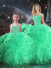 Beading and Ruffles Sweet 16 Dresses Green Lace Up Sleeveless Floor Length