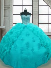 Aqua Blue Lace Up Sweetheart Beading and Appliques and Pick Ups Quinceanera Gowns Organza Sleeveless
