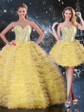 Glamorous Yellow Organza Lace Up Sweetheart Sleeveless Floor Length 15 Quinceanera Dress Beading and Ruffled Layers