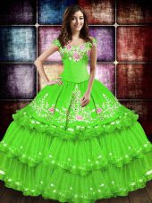 Luxurious Floor Length Quince Ball Gowns Taffeta Sleeveless Embroidery and Ruffled Layers