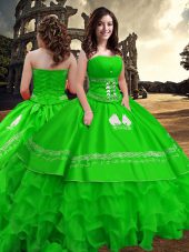 Dazzling Floor Length Zipper Sweet 16 Quinceanera Dress Green for Military Ball and Sweet 16 and Quinceanera with Embroidery and Ruffled Layers