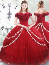 Wine Red Lace Up Off The Shoulder Appliques and Pick Ups Quinceanera Gown Tulle Sleeveless Brush Train