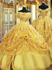 Floor Length Gold Quinceanera Gowns Tulle Sleeveless Beading and Appliques and Hand Made Flower