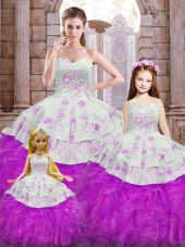 Decent Sleeveless Organza Floor Length Lace Up Vestidos de Quinceanera in White And Purple with Beading and Appliques and Ruffles