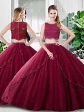 Luxurious Sleeveless Floor Length Lace and Ruching Zipper Sweet 16 Dress with Burgundy