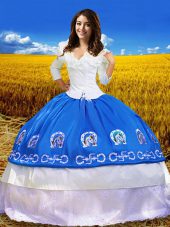 Embroidery Quince Ball Gowns Blue Lace Up 3 4 Length Sleeve Floor Length