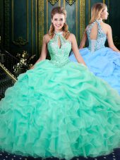 Customized Halter Top Sleeveless Organza Quinceanera Gowns Beading and Ruffles and Pick Ups Lace Up