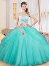 Modest Sleeveless Tulle Floor Length Criss Cross Sweet 16 Dress in Aqua Blue with Beading and Ruching and Pick Ups