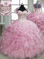 Baby Pink Sweetheart Lace Up Beading and Ruffles Quinceanera Gowns Brush Train Sleeveless
