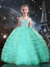 Sleeveless Lace Up Floor Length Beading and Ruffled Layers Little Girls Pageant Gowns