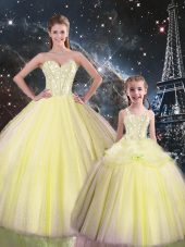 Sleeveless Tulle Floor Length Lace Up Sweet 16 Dresses in Yellow with Beading