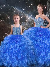 Flare Organza Sweetheart Sleeveless Lace Up Beading and Ruffles Quinceanera Gowns in Royal Blue