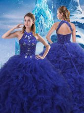 Blue Organza Lace Up Scoop Sleeveless Sweet 16 Dress Brush Train Beading and Ruffles