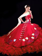 Designer Red Ball Gowns Taffeta V-neck Sleeveless Embroidery and Ruffles Lace Up Quinceanera Dresses Brush Train