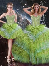 Sleeveless Floor Length Beading and Ruffled Layers Lace Up Vestidos de Quinceanera with Multi-color