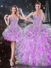 Comfortable Sweetheart Sleeveless Vestidos de Quinceanera Floor Length Beading and Ruffles Lilac Organza