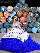 Adorable Sleeveless Embroidery and Ruffled Layers Lace Up Little Girl Pageant Dress with Blue And White Brush Train