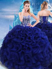 Affordable Fabric With Rolling Flowers Sweetheart Sleeveless Lace Up Beading 15 Quinceanera Dress in Royal Blue