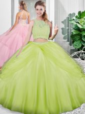 Cheap Floor Length Lace Up Quinceanera Gown Yellow Green for Military Ball and Sweet 16 and Quinceanera with Lace and Ruching