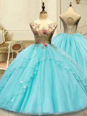 Aqua Blue Sleeveless Floor Length Appliques Lace Up Sweet 16 Quinceanera Dress