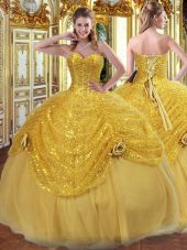 Gold Ball Gowns Pick Ups and Hand Made Flower Quinceanera Dresses Lace Up Tulle Sleeveless Floor Length