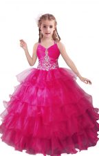 Affordable Floor Length Fuchsia Custom Made Organza Sleeveless Beading and Ruffled Layers