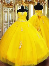 Discount Gold Lace Up Quinceanera Gowns Beading and Appliques Sleeveless Floor Length