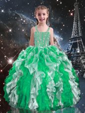Green Ball Gowns Organza Straps Sleeveless Beading and Ruffles Floor Length Lace Up Casual Dresses