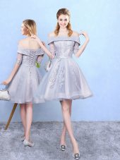 Knee Length Grey Wedding Guest Dresses Off The Shoulder Half Sleeves Lace Up