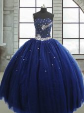 Flirting Floor Length Navy Blue Vestidos de Quinceanera Sweetheart Sleeveless Lace Up