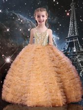 Sleeveless Tulle Floor Length Lace Up Little Girls Pageant Gowns in Orange Red with Beading and Ruffled Layers