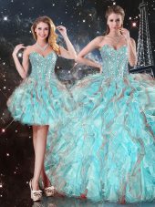 Fashionable Floor Length Lace Up Ball Gown Prom Dress Aqua Blue for Military Ball and Sweet 16 and Quinceanera with Beading and Ruffles