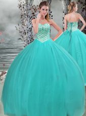 Turquoise Sleeveless Floor Length Beading Lace Up Sweet 16 Dress
