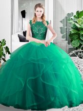 Designer Turquoise Two Pieces Scoop Sleeveless Tulle Floor Length Zipper Lace and Ruffles Sweet 16 Quinceanera Dress