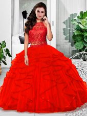 Floor Length Zipper Ball Gown Prom Dress Red for Military Ball and Sweet 16 and Quinceanera with Lace and Ruffles