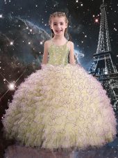 Light Yellow Organza Lace Up Party Dress Sleeveless Floor Length Beading and Ruffles