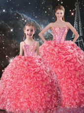 Flirting Organza Sleeveless Floor Length 15 Quinceanera Dress and Beading and Ruffles