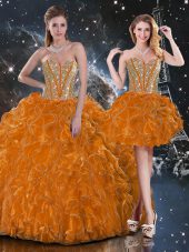 Rust Red Organza Lace Up Sweetheart Sleeveless Floor Length Sweet 16 Dresses Beading and Ruffles