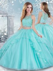 Aqua Blue Clasp Handle Scoop Beading and Lace Quinceanera Gowns Tulle Sleeveless