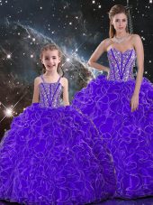 Charming Sleeveless Organza Floor Length Lace Up Quinceanera Gown in Purple with Beading and Ruffles