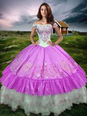 Floor Length Lilac Sweet 16 Dresses Taffeta Sleeveless Beading and Embroidery and Ruffled Layers
