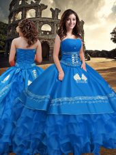 Sexy Blue Strapless Zipper Embroidery and Ruffled Layers Quinceanera Dress Sleeveless