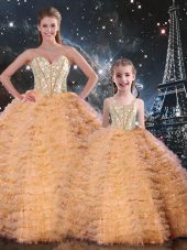 New Arrival Tulle Sweetheart Sleeveless Lace Up Beading and Ruffles Sweet 16 Dresses in Orange
