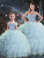 Designer Aqua Blue Ball Gowns Beading and Ruffles Ball Gown Prom Dress Lace Up Organza Sleeveless Floor Length