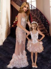 Great Pink Tulle Zipper Prom Dress Sleeveless With Brush Train Beading and Ruffles and Sequins