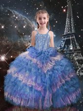 Light Blue Sleeveless Beading and Ruffled Layers Floor Length Girls Pageant Dresses